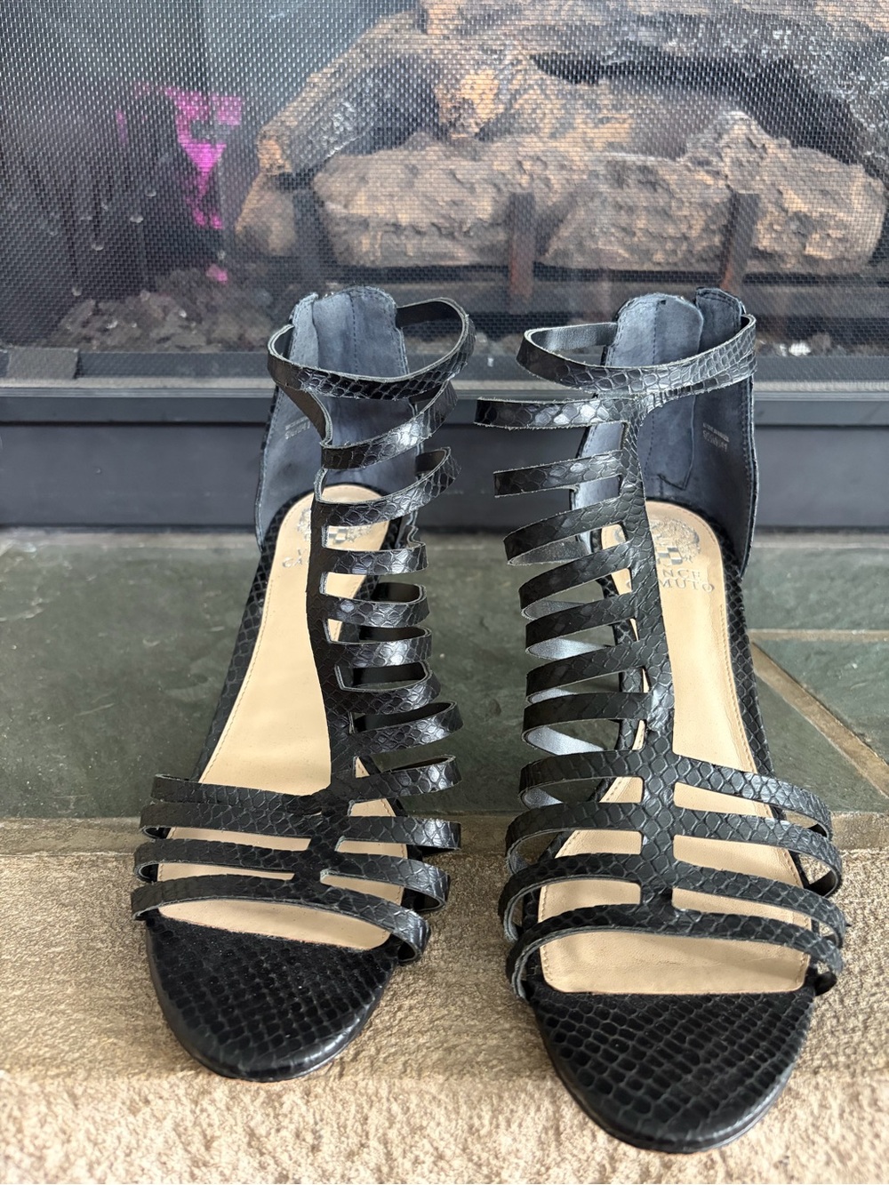 Vince Camuto Black Snake-Embossed Multi-Strap High Heel Sandals